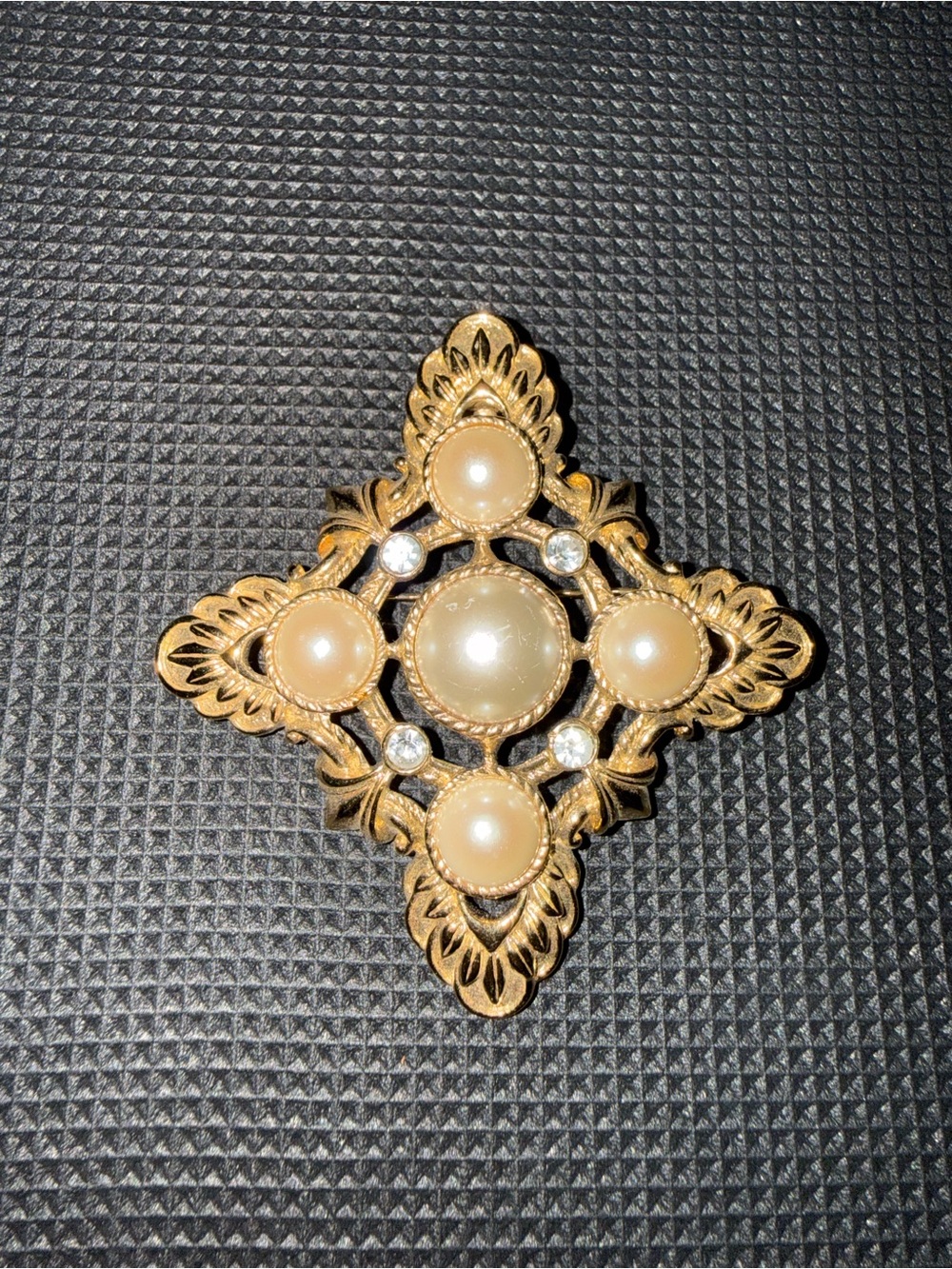 Kenneth Jay Lane Avon Gold Pearl & Clear Rhinestone Cross Brooch